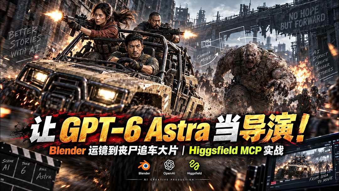 （20762期）【无水印】让 GPT-6 Astra 当导演！Blender 运镜到丧尸追车大片｜Higgsfield MCP 实战-来友网创