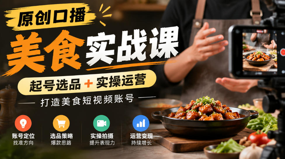 原创口播美食实战课，起号选品+实操运营，打造美食短视频账号-来友网创