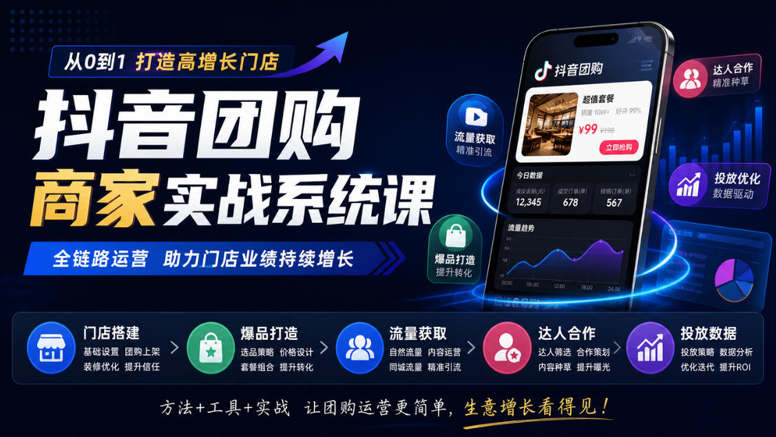 抖音团购商家实战系统课｜门店搭建、爆品打造、流量获取、达人合作、投放数据全链路运营-来友网创