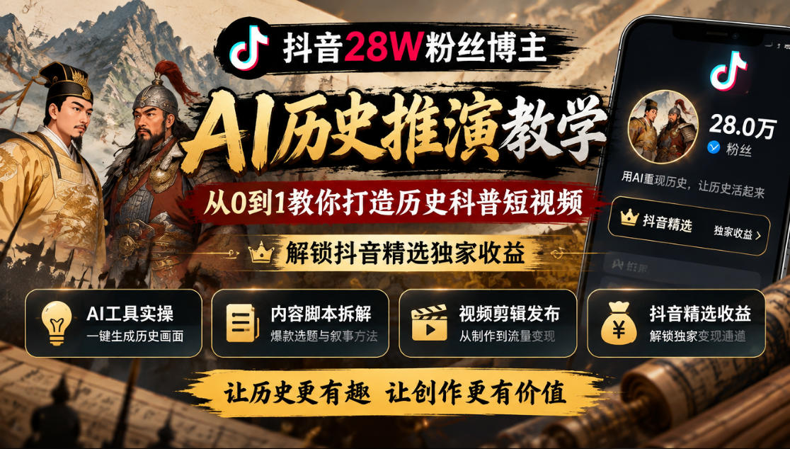 抖音28W粉丝博主的AI历史推演教学，从0到1教你打造历史科普短视频，解锁抖音精选独家收益-来友网创