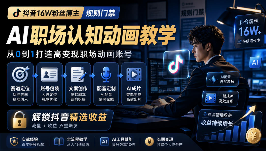 抖音16W粉丝博主规则门禁的AI职场认知动画教学，从赛道定位、账号包装，到文案创作、配音定制、AI成片，解锁抖音精选收益-来友网创