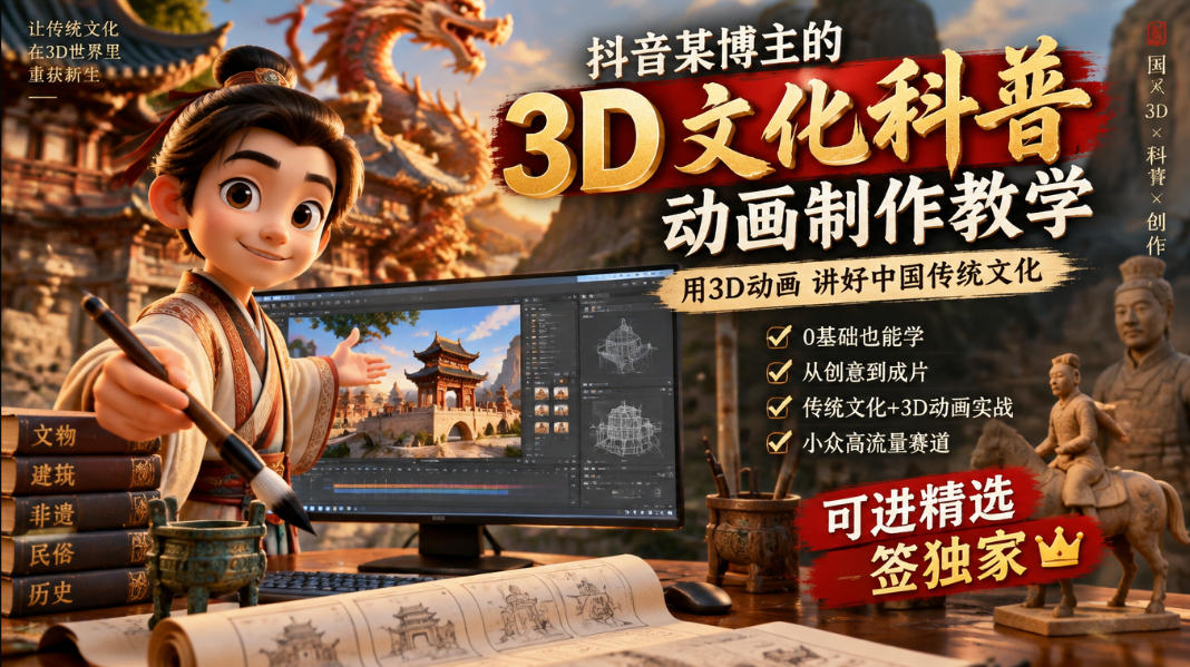 抖音某博主的3D文化科普动画制作教学，用3D动画呈现中国传统文化，可进精选签独家，单日收益1k+-来友网创