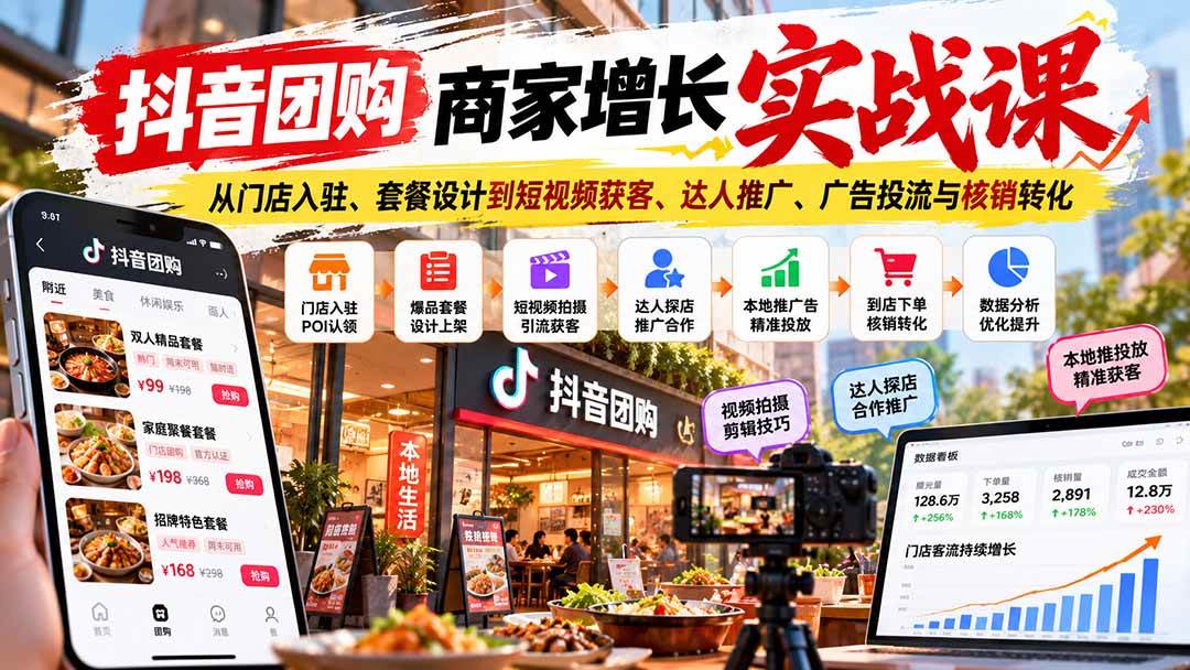 （20813期）抖音团购商家增长实战课：从门店入驻、套餐设计到短视频获客、达人推广、广告投流与核销转化-来友网创