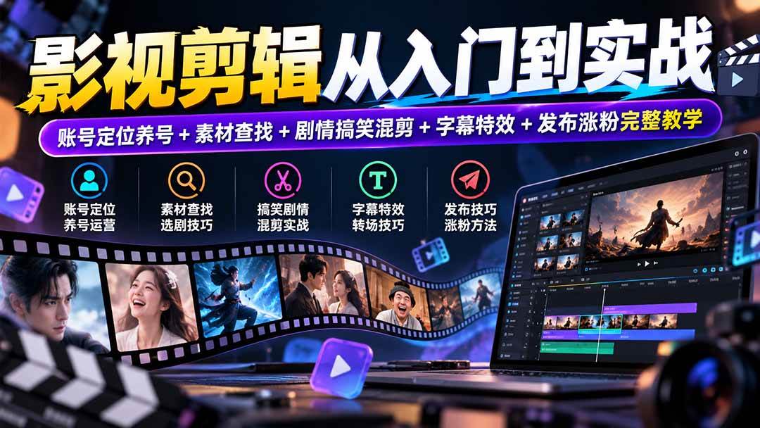 （20812期）影视剪辑从入门到实战：账号定位养号+素材查找+剧情搞笑混剪+字幕特效+发布涨粉完整教学-来友网创