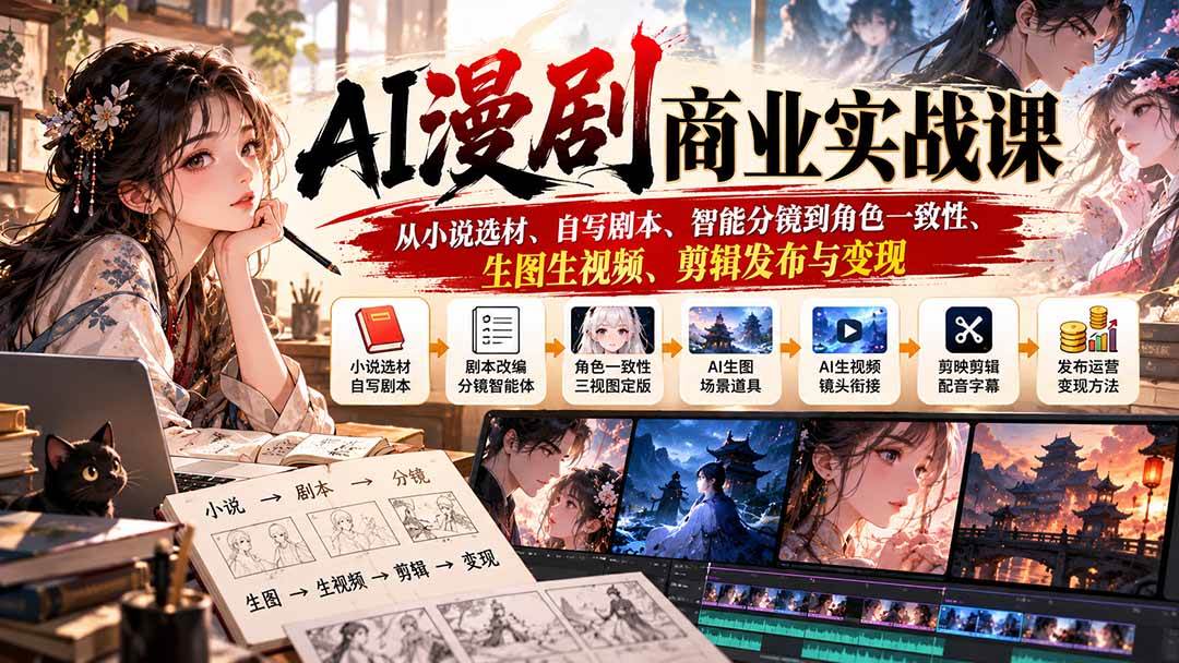 （20811期）AI漫剧商业实战课：从小说选材、自写剧本、智能分镜到角色一致性、生图生视频、剪辑发布与变现-来友网创
