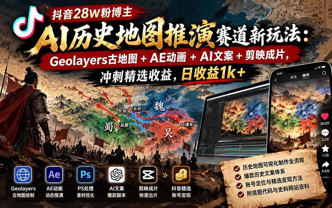 （20809期）抖音28W粉博主AI历史地图推演赛道新玩法：Geolayers古地图+AE动画+AI文案+剪映成片，冲刺精选收益，日收益1k+-来友网创