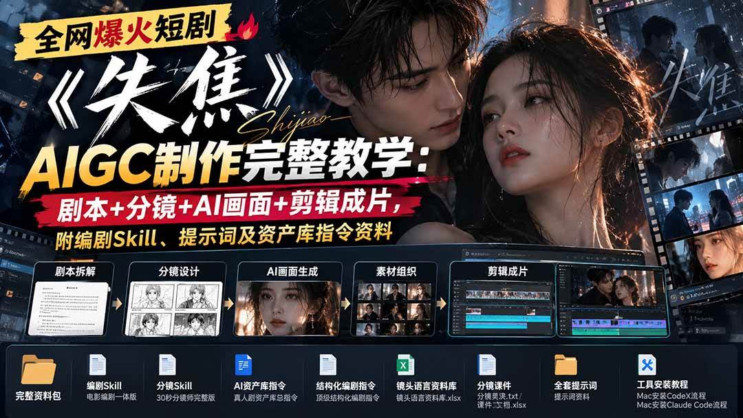 （20805期）全网爆火短剧《失焦》AIGC制作完整教学：剧本+分镜+AI画面+剪辑成片，附编剧Skill、提示词及资产库指令资料-来友网创