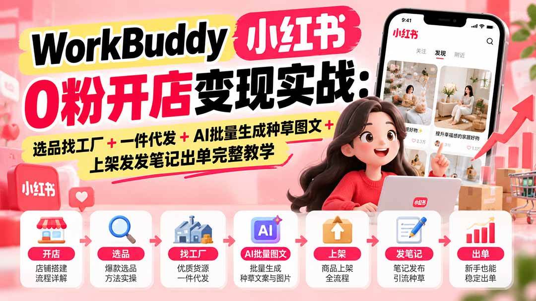 （20801期）WorkBuddy小红书0粉开店变现实战：选品找工厂+一件代发+AI批量生成种草图文+上架发发笔记出单完整教学-来友网创