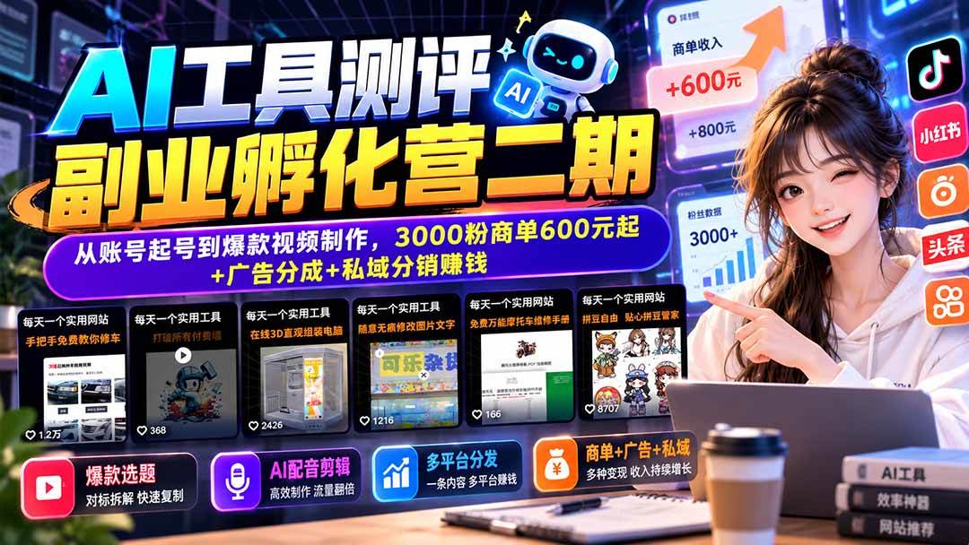 （20799期）AI工具测评副业孵化营二期：从账号起号到爆款视频制作，3000粉商单600元起+广告分成+私域分销赚钱-来友网创