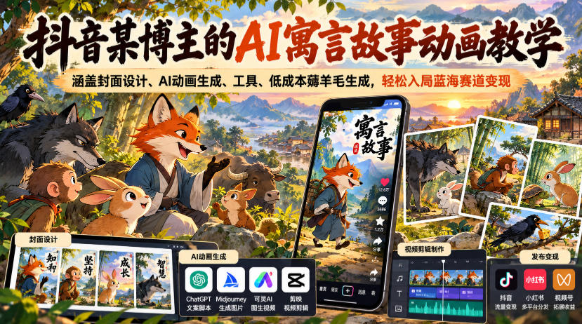 抖音某博主的AI寓言故事动画教学，涵盖封面设计、AI动画生成、工具、低成本薅羊毛生成，轻松入局蓝海赛道变现-来友网创