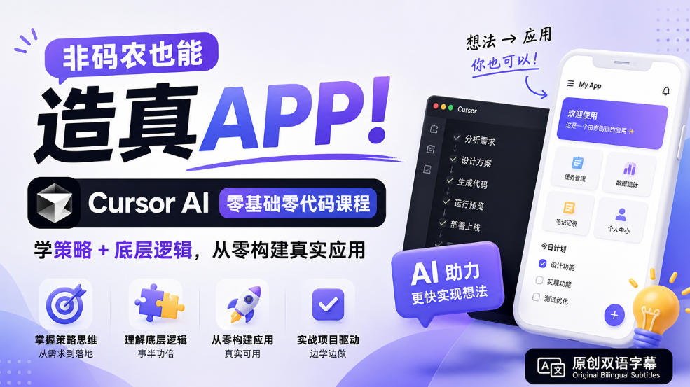 非码农也能造真APP！Cursor AI零基础零代码课程：学策略+底层逻辑，从零构建真实应用【原创双语字幕】-来友网创